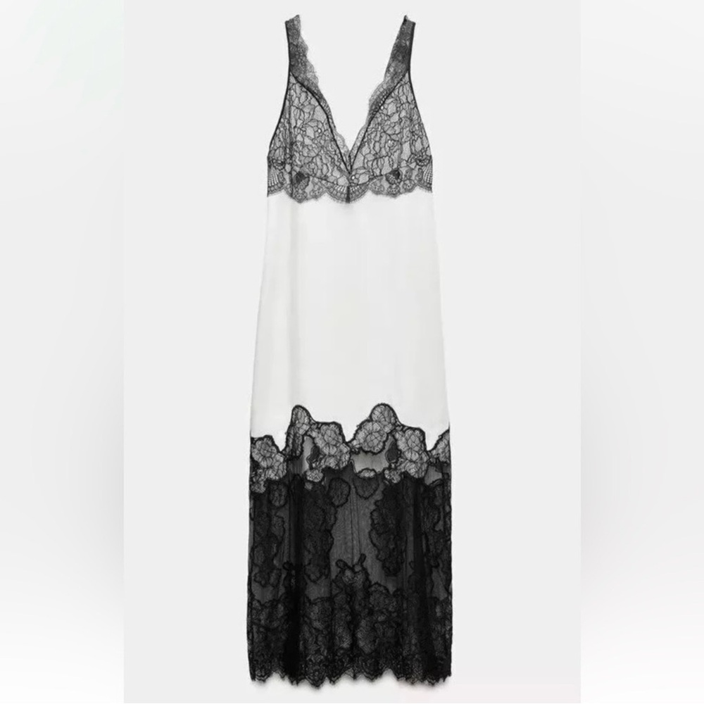 Zara Lace-Trim Satin Slip Dress in White and Black size XS